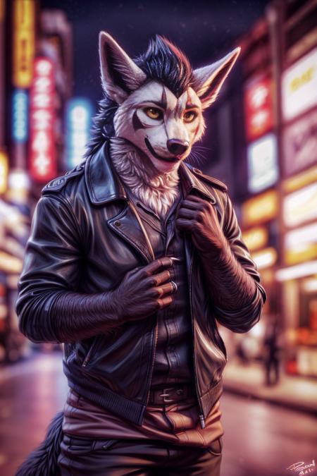 00680-461913217-mightyena, male, solo, yellow eyes, clothed, leather jacket, claws, (black body_1.2), white fur, mane, black hair, tokyo street,.png
